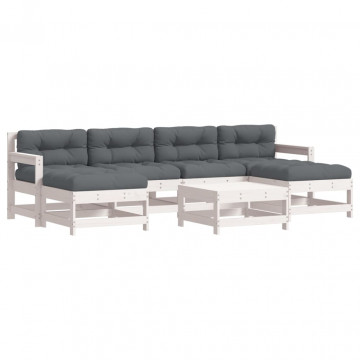 Set mobilier de grădină cu perne, 7 piese, alb, lemn masiv - Img 2