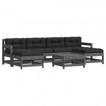 Set mobilier de grădină cu perne, 7 piese, gri, lemn masiv - Img 2