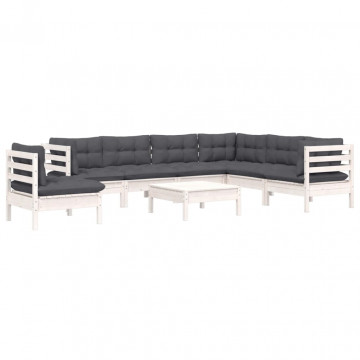 Set mobilier de grădină cu perne, 8 piese, alb, lemn masiv pin - Img 3