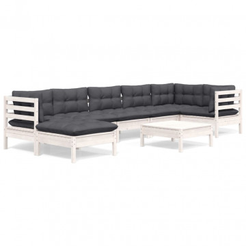 Set mobilier de grădină cu perne, 8 piese, alb, lemn masiv pin - Img 1