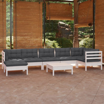 Set mobilier de grădină cu perne, 8 piese, alb, lemn masiv pin - Img 2