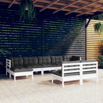 Set mobilier de grădină cu perne, 9 piese, alb, lemn de pin - Img 1