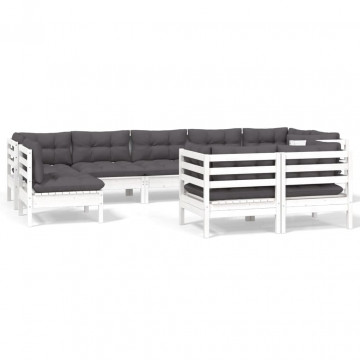 Set mobilier de grădină cu perne, 9 piese, alb, lemn masiv pin - Img 2