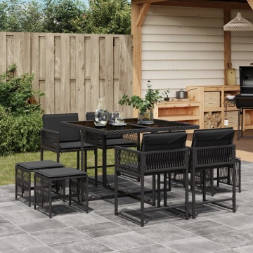 Set mobilier de grădină cu perne, 9 piese, negru, poliratan - Img 1
