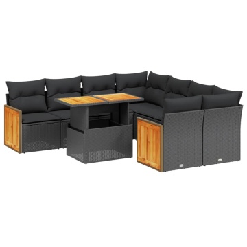 Set mobilier de grădină cu perne, 9 piese, negru, poliratan - Img 2