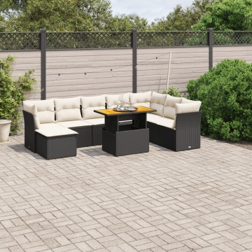 Set mobilier de grădină cu perne, 9 piese, negru, poliratan - Img 1