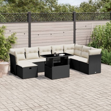 Set mobilier de grădină cu perne, 9 piese, negru, poliratan - Img 1