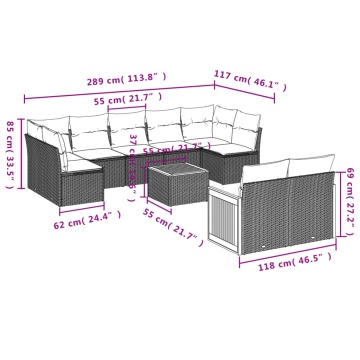 Set mobilier de grădină cu perne, 9 piese, negru, poliratan - Img 7