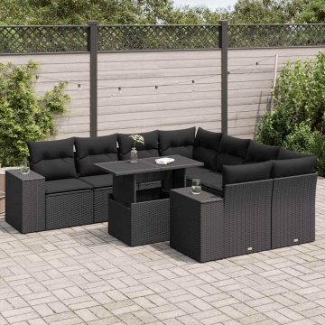 Set mobilier de grădină cu perne, 9 piese, negru, poliratan - Img 1