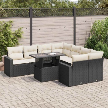 Set mobilier de grădină cu perne, 9 piese, negru, poliratan - Img 1