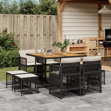 Set mobilier de grădină cu perne, 9 piese, negru, poliratan - Img 1