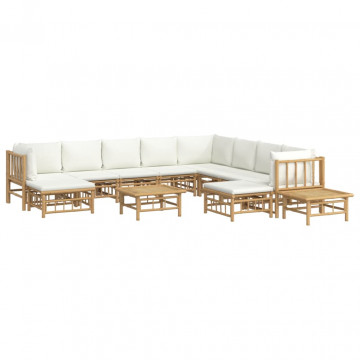 Set mobilier de grădină cu perne alb crem, 12 piese, bambus - Img 3