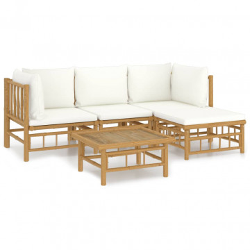 Set mobilier de grădină cu perne alb crem, 2 piese, bambus - Img 2
