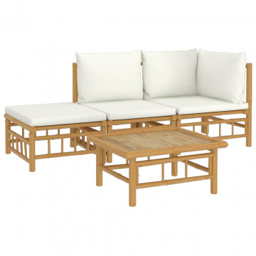 Set mobilier de grădină, cu perne alb crem, 4 piese, bambus - Img 3