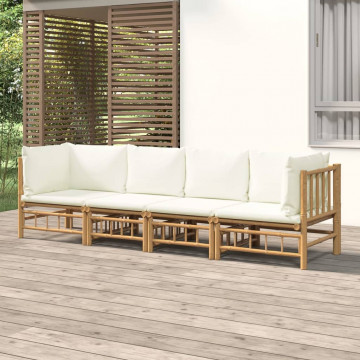 Set mobilier de grădină, cu perne alb crem, 4 piese, bambus - Img 1