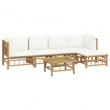 Set mobilier de grădină cu perne alb crem, 6 piese, bambus - Img 3