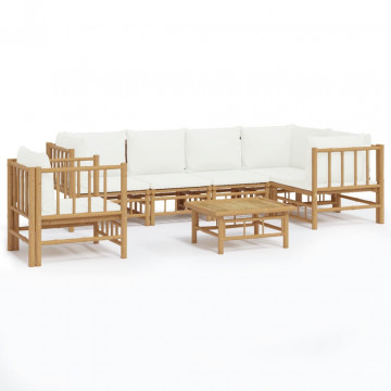 Set mobilier de grădină cu perne alb crem, 7 piese, bambus - Img 2