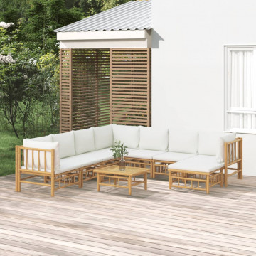 Set mobilier de grădină, cu perne alb crem, 9 piese, bambus - Img 1