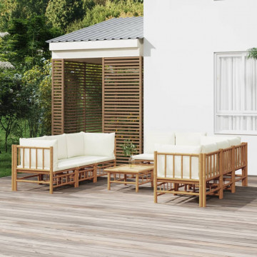 Set mobilier de grădină, cu perne alb crem, 9 piese, bambus - Img 1