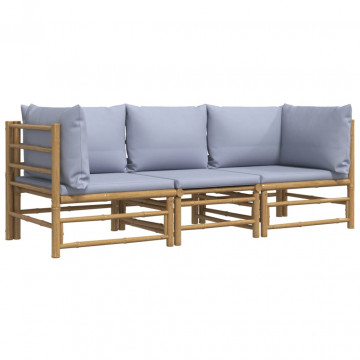 Set mobilier de grădină cu perne gri deschis, 3 piese, bambus - Img 3