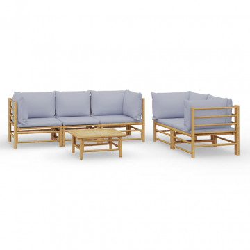 Set mobilier de grădină cu perne gri deschis, 6 piese, bambus - Img 2