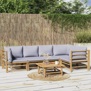 Set mobilier de grădină cu perne gri deschis, 6 piese, bambus - Img 1