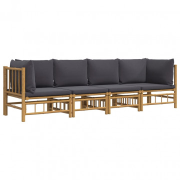 Set mobilier de grădină cu perne gri închis, 4 piese, bambus - Img 3