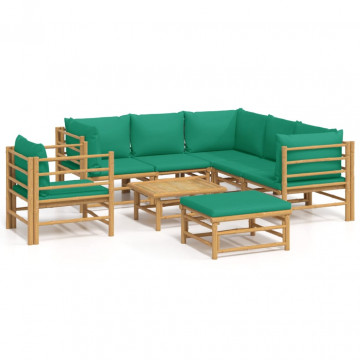 Set mobilier de grădină cu perne verzi, 8 piese, bambus - Img 2