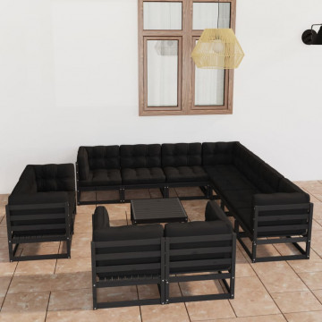 Set mobilier de grădină cu perne12 piese, negru, lemn masiv pin - Img 1