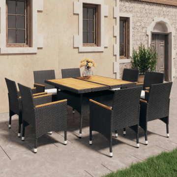 Set mobilier grădină, 9 piese, negru, poliratan și lemn masiv - Img 1