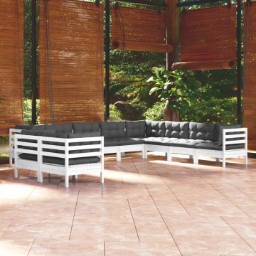 Set mobilier grădină cu perne, 10 piese, alb, lemn masiv de pin - Img 1