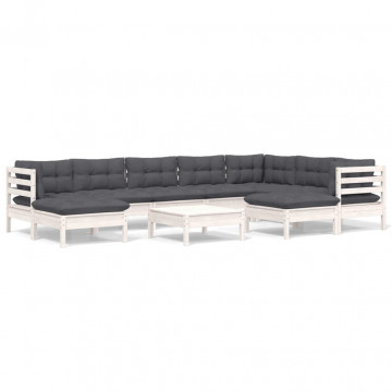 Set mobilier grădină cu perne, 10 piese, alb, lemn masiv pin - Img 2