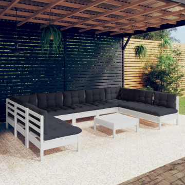 Set mobilier grădină cu perne, 10 piese, alb, lemn masiv pin - Img 1