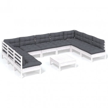 Set mobilier grădină cu perne, 10 piese, alb, lemn masiv pin - Img 2