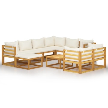 Set mobilier grădină cu perne 10 piese crem lemn masiv acacia - Img 2