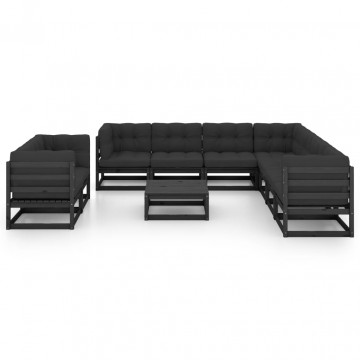Set mobilier grădină cu perne, 10 piese, negru, lemn masiv pin - Img 2