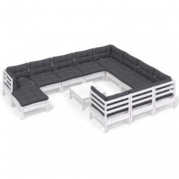 Set mobilier grădină cu perne, 12 piese, alb, lemn de pin - Img 2