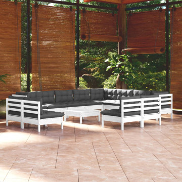 Set mobilier grădină cu perne, 13 piese, alb, lemn masiv pin - Img 1