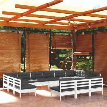 Set mobilier grădină cu perne, 14 piese, alb, lemn masiv pin - Img 1
