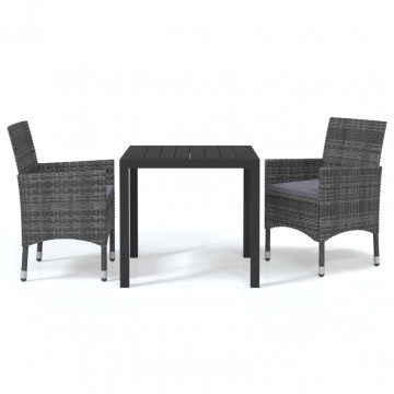 Set mobilier grădină cu perne, 3 piese, gri, poliratan - Img 2