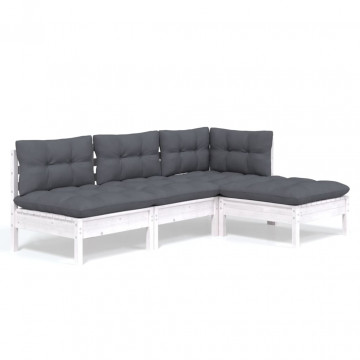 Set mobilier grădină cu perne, 4 piese, alb, lemn de pin - Img 2