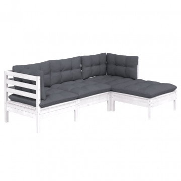 Set mobilier grădină cu perne, 4 piese, alb, lemn de pin - Img 2