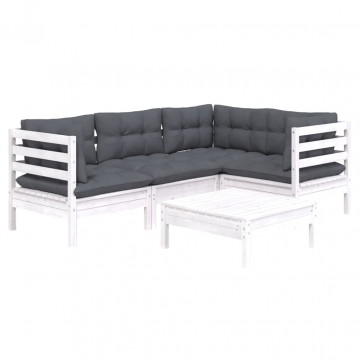 Set mobilier grădină cu perne, 5 piese, alb, lemn de pin - Img 3