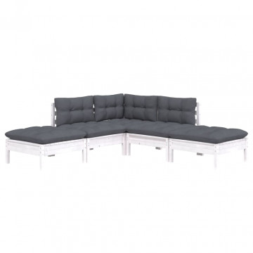 Set mobilier grădină cu perne, 5 piese, alb, lemn de pin - Img 3