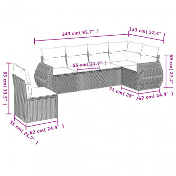 Set mobilier grădină cu perne, 6 piese, gri, poliratan - Img 3