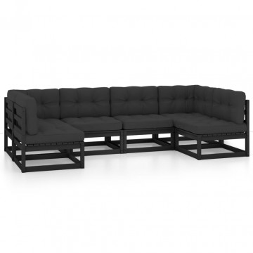 Set mobilier grădină cu perne, 6 piese, negru, lemn masiv pin - Img 2