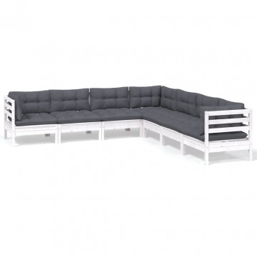 Set mobilier grădină cu perne, 7 piese, alb, lemn masiv de pin - Img 2