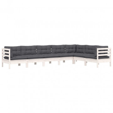 Set mobilier grădină cu perne, 7 piese, alb, lemn masiv de pin - Img 3