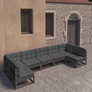 Set mobilier grădină cu perne, 7 piese, negru, lemn masiv pin - Img 1