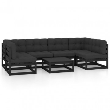 Set mobilier grădină cu perne, 7 piese, negru, lemn masiv pin - Img 2